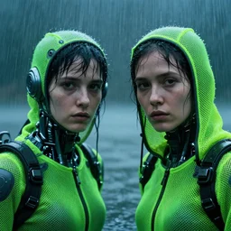 cinestill 5 0 d candid photographic portrait by helen levitt of two cyborgs wearing rugged neon green mesh techwear in treacherous waters, extreme closeup, modern cyberpunk moody depressing cinematic, pouring rain, vaporwave, dystopian atmosphere, 8 k, hd, high resolution, 3 5 mm, f / 3 2, ultra realistic faces, ex machina