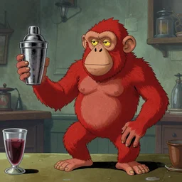 red librarian as red ape from terry pratchett shake the lighthouse as cocktail shaker, by greg rutkowski