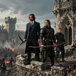 john wick and Simon pegg as medieval bowmen, standing on a gothic style castle wall, overlooking a bloody battlefield in the background, trending on artstation, artwork in style of peter mohrbacher, unreal engine, octane render, intricate details, 8k high definition, beauriful, ornate, hyperrealistic