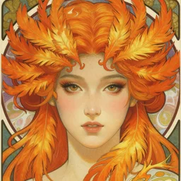 realistic detailed face portrait of an otherworldly fairy tale Phoenix Queen with fiery feathers in her hair by Alphonse Mucha, Ayami Kojima, Amano, Charlie Bowater, Karol Bak, Greg Hildebrandt, Jean Delville, and Mark Brooks, Art Nouveau, Neo-Gothic, gothic, rich deep moody colors