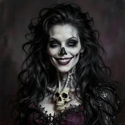 a beautiful smiling fancy undead skull lady by dan mumford and gil elvgren