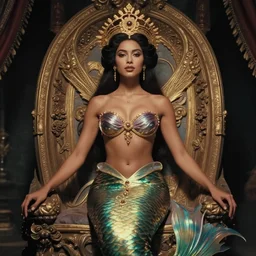 vintage portrait of modern mermaid queen, zoom, rule of thirds, atmosphere, intricate, regal, latinas, ( brown skin ), symmetrical!!, loreal, maybelline, sephora, loreal, artstation, art by hayao myazaki, ( ( cinematic ) ) concept art, filmic, vsco