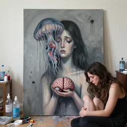 dead plants, dripping black and grey paint, splashed paint, sensual, jellyfish, a sad portrait in a female art student's apartment, surgical supplies, depression, crying, woman holding a brain from inside a painting, berries, neo - expressionism, surrealism, acrylic and spray paint and oilstick on canvas