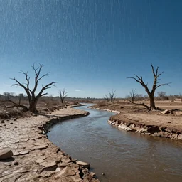 panorama of big raindrops flying upwards into the cloudless blue sky from a dried up river in a desolate land, dead trees, blue sky, hot and sunny highly-detailed, elegant, dramatic lighting, artstation, 4k, cinematic landscape, photograph by Elisabeth Gadd