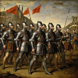 a renaissance painting of a line of pikemen moving into battle, taken from the front.