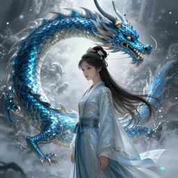 a hybrid medieval exquisite complex and beautiful the azure dragon in the east in the fog of magic light, beautiful teen princess, digital painting, artstation, concept art, smooth, sharp focus, illustration, art by artgerm and greg rutkowski and alphonse mucha, 8 k