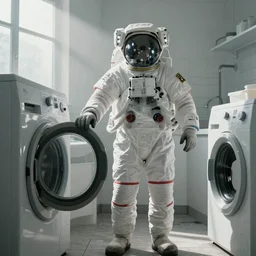 a beautiful photo of an astronaut in a loundry room, soft light, morning light, photorealistic, realistic, octane, 8k, cinematic shot