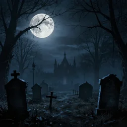 haunted cemetery in moonlight, spooky, foreboding