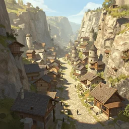 large town village built in a ravine, high fantasy, digital illustration, bright lighting, stone, concrete, wood, building architecture, extreme wide shot, trending artstation, concept art, warm