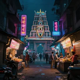 cyberpunk style indian slum with hindu kovil slum street with shops with neon sign in night, photorealism, unreal engine, 8 k, volumetric lighting, beeple style