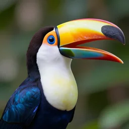 close up portrait of toucan god, blue iridescent feathers and white chest, beak open wide by artgerm, cushart krenz, greg rutkowski, mucha. art nouveau. gloomhaven, tropical atmosphere, natural tones, vibrant colors, sharp edges. ultra clear detailed. 8 k. elegant, intricate, octane render