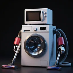 robot monster from household appliances. washing machine as part of the body. microwave is head. hands from vacuum cleaner hoses. rich colors, high contrast, gloomy atmosphere, black background. trending on artstation. unreal engine. octane render