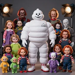 a colorful portrait photograph of divine wearing michelin man costume, with creepy cursed dolls like little miss no name, face bank, fearsome flush, cursed mickey, blippy in the box, jolly chimp, fingertronic howdy doody electronic puppet, skinny bones, cursed teletubbies, trolls, boobahs, chucky, jigsaw, leatherface, michael myers, pazuzu, chatterer, pennywise, pale man in 1 9 9 0 s, studio light photography, high definition, 8 k, taken by alex webb