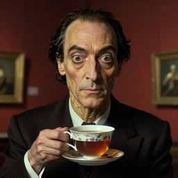 portrait of unseen lovecraftian golden ratio horror having his / her cup of tea, defined neck and face, art by salvador dali joaquim phoenix and best artist in the year 3 0 0 0, post - processing, 8 k, museum worth