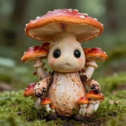 crisp highly focused photograph of a living puppet with gorgeous mushrooms growing all over it