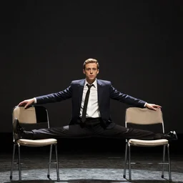 cinematic still, young Jean Claude Vandamme doing the splits with a foot placed on separate chairs, dramatic lighting ,award winning, 4K