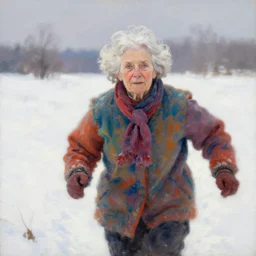 an old woman with short wavy curly white hair and blue eyes wearing colorful winter clothes is running in a snowy field. beautiful painting by artgerm and greg rutkowski