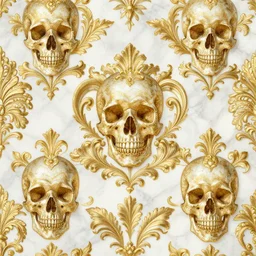 seamless damask pattern, beautiful portrait of a large ornate and intricate rococo skull, hyper detailed, gold plated on white marble, wallpaper pattern