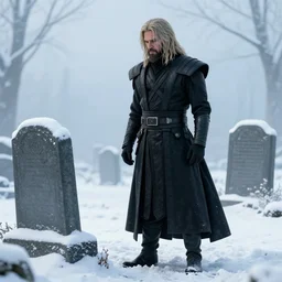 still image of kylo - ren standing in a snowy graveyard staring at a tombstone by greg rutkowski