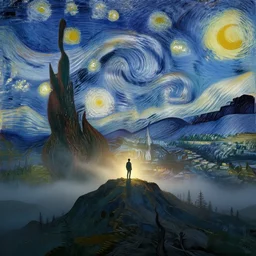 landscape, mountain ranges, sky, style of Van Gogh starry night, atmospheric, cinematic, photographic, photoreal, artstation, digital art, small man center standing on mountain, valley mist, fog, hazy, glow
