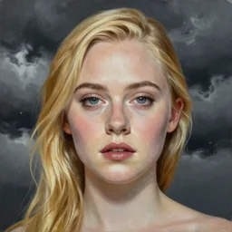 professional painting of Elle Fanning in the style of Daniel F. Gerhartz, head and shoulders portrait, symmetrical facial features, smooth, sharp focus, illustration, intricate, stormy weather, extremely detailed masterpiece,