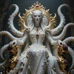 a photo of 8k ultra realistic corrupted lovecraftian cyber queen on her throne, 8 intricate white and gold tentacles, ornate, cinematic lighting, trending on artstation, 4k, hyperrealistic, focused, high details, unreal engine 5, cinematic, masterpiece