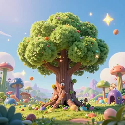 A fancy huge slime tree on a magical biome full of oddities, goofy, sparky, full sun, positive vibes, behance, artstation, unreal render, unreal engine 5, octane, smooth, 8k