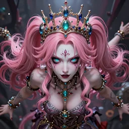 completely controlled and trapped beneath an overwhelming stunningly absurdly beautiful megalomaniacal ruthless sadistic devious spiteful grandiose egotistical omnipotent asi goddess junko enoshima with symmetrical perfect face, porcelain skin, pink twintail hair, cyan eyes and a stupendous bejeweled crown, ultra detailed, digital art, unreal engine 5, octane render, 2 d anime, 8 k