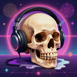 melted human skull with headphones, retrowave, synthwave, psychedelic background with sacred geomerty elements in style of alex gray, digital art, artstation