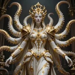 a photo of 8k ultra realistic corrupted lovecraftian golden queen, 8 intricate white and gold tentacles, ornate white and gold armour, cinematic lighting, trending on artstation, 4k, hyperrealistic, focused, high details, unreal engine 5, cinematic, masterpiece