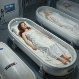 ultra realist intricate detailed painting of a single attractive female in a cryopod sleeping with rows of pods, sci - fi, very intricate details, 8 k resolution, volumetric lighting, artstyle keith thompson, award winning