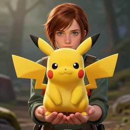 Katniss Everdeen holding a Pikachu in her handpalm, closeup of hand, digital portrait by Greg Rutkowski, intricate, sharp focus, cinematic, epic, artstation