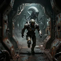 horror movie scene of an individual in futuristic armor, being chased down a hallway by a xenomorph, running through a deep space mining space station, rusty metal walls, broken pipes, dark colors, muted colors, tense atmosphere, mist floats in the air, amazing value control, dead space, moody colors, dramatic lighting, ussg ishimura, frank frazetta, dark souls
