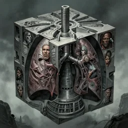 concept inks for tiered lung turbine, single machine cube by virgil finlay, jack kirby, b. wrightson, alberto bontempi, shigeru komatsuzaki, wayne d barlowe, enric torres, simon bisley & boris vallejo, hyper realism, cinematical, narrative light, muted colors, epic, hyper detailed, awe inspiring, award winning horror,