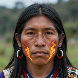 man of huaorani amazon ecuadorian tribe, finely detailed perfect face, exquisite details, fire magic, mid view, design on a white background, by studio muti, greg rutkowski makoto shinkai takashi takeuchi studio ghibli