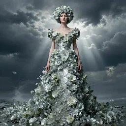 dress made of flowers, flower hair woman, solemn, female, rising from flowers, high detail, high contrast, medium portrait, dissolve, storm clouds, god rays, d & d, fantasy, elegant, silver green color palette, cinematic, concept art, annie leibovitz, roger deakins, greg rutkowski, alphonse mucha