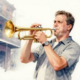 1 9 5 0 s man passionately playing trumpet in new orleans, watercolor painting