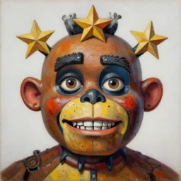 intricate five star freddy fazbear facial portrait by pablo picasso, oil on canvas, hdr, high detail, photo realistic, hyperrealism, matte finish, high contrast, 3 d depth, centered, masterpiece, vivid and vibrant colors, enhanced light effect, enhanced eye detail, artstationhd