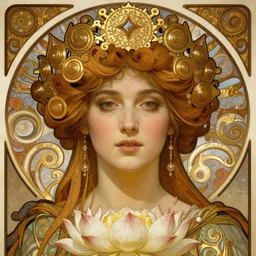 realistic detailed face portrait of a beautiful young queen of the sacred lotus by Alphonse Mucha, Greg Hildebrandt, and Mark Brooks, gilded details, spirals, Neo-Gothic, gothic, Art Nouveau, ornate medieval religious icon