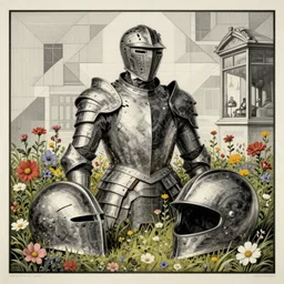 wax broken armor and helmet laying in wild flowers, monumental illustration by moebius and hajime sorayama and edward hopper, illusion surreal art, highly conceptual figurative art, intricate detailed illustration, controversial poster art, polish poster art 1 9 8 0, geometrical drawings, no blur