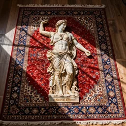 “Persian carpet in a shape of Apollo sculpture, refracting light, 4k photo, great light and shadows, Sony 175mm”