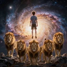 a boy floating above galaxy, which is looks like group of lion, pbr render