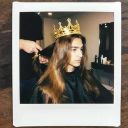 attractive man with a golden crown with shiny and silky long hair getting hair styled in salon named the hair queen illuminated by sparkling diamonds, polaroid
