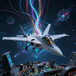 dark scene game cockpit. foreground : a beautiful robot fighter pilot is battling, suspended by luminous intricate organic and colorful electric cables and wires and fiber to the jet cockpit computer motherboard, experiencing the quantum field cinematic highly detailed realistic beautiful cosmic neural network o