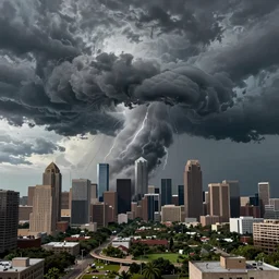 an ultradetailed landscape painting of a tropical storm over houston, looming ominous over a city, hurricane, lighting, tornados, intricate detail, cinematic, 8 k, cel shaded, volumetric lighting, octane render, art by greg rutkowski, jeong seon, in the style of anime