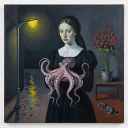 a portrait in a dark apartment, a widow holding an octopus, streetlamps, wet, puddles, wild berries, rats, ikebana, neo - expressionism, surrealism, acrylic and spray paint and oilstick on canvas