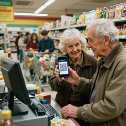old wrinkled couple in front of the cash registry in a grocery shop, holds up smartphone, smartphone display contains a large qr code, shopping carts are all full of groceries, in the background we see a long long line of young customers, wide shot, extremely detailed photo by peter lindbergh