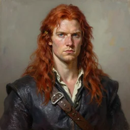epic fantasy portrait painting of a long haired, red headed male sky - pirate in front of an airship in the style of the full metal alchemist anime