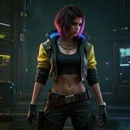 Cyberpunk 2077 V, 3d render, realistic, dark mood, neon lighting, very detailed