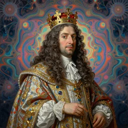 beautiful oil painting, portrait of Louis xiv in coronation robes 1701, Dan Mumford, Dan Mumford, Alex grey, Alex grey, lsd visuals, dmt fractal patterns, entheogen, psychedelic, hallucinogen, highly detailed, ornate